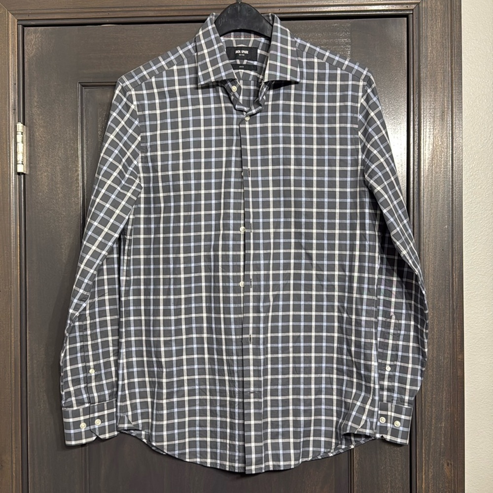 Jack Spade Men’s Grey and Blue‎ Plaid Slim fit Button Up Shirt Size 15 1/2 34/35